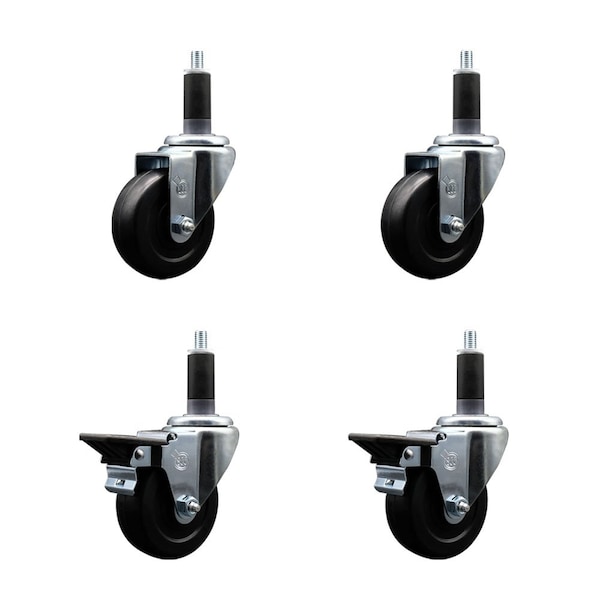 3.5'' Soft Rubber Wheel Swivel 1-1/8'' Expanding Stem Caster Set 2 Brakes, 4PK